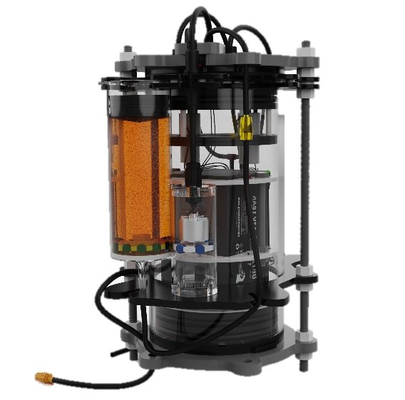 Rendering of the dispenser: a transparent cylinder with an orange reservoir, pumps and cabling mounted in a frame